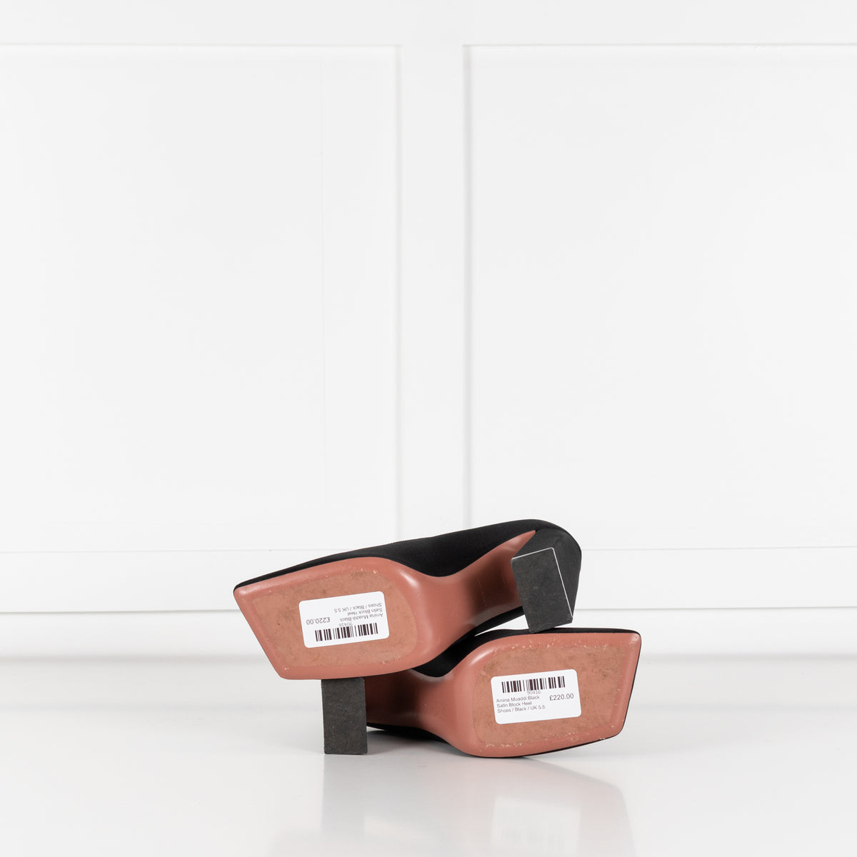 Amina Muaddi Black Satin Block Heel Shoes