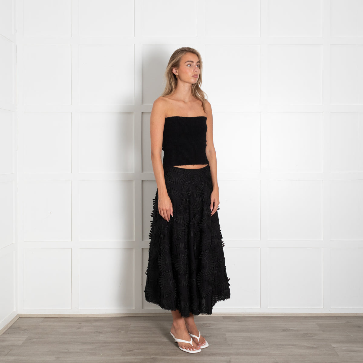 Beatrice Black A Line Midi Skirt With Flower Ribboning