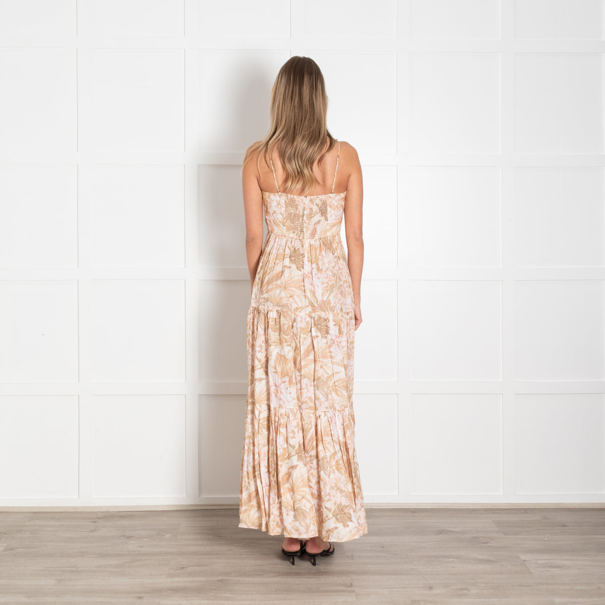 Zimmermann Cream Peach Brown Floral Strappy Linen Maxi Dress