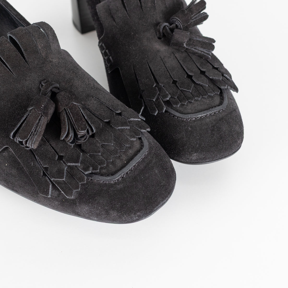 Tod's Black Suede Gomma Heeled Tasselled Loafer