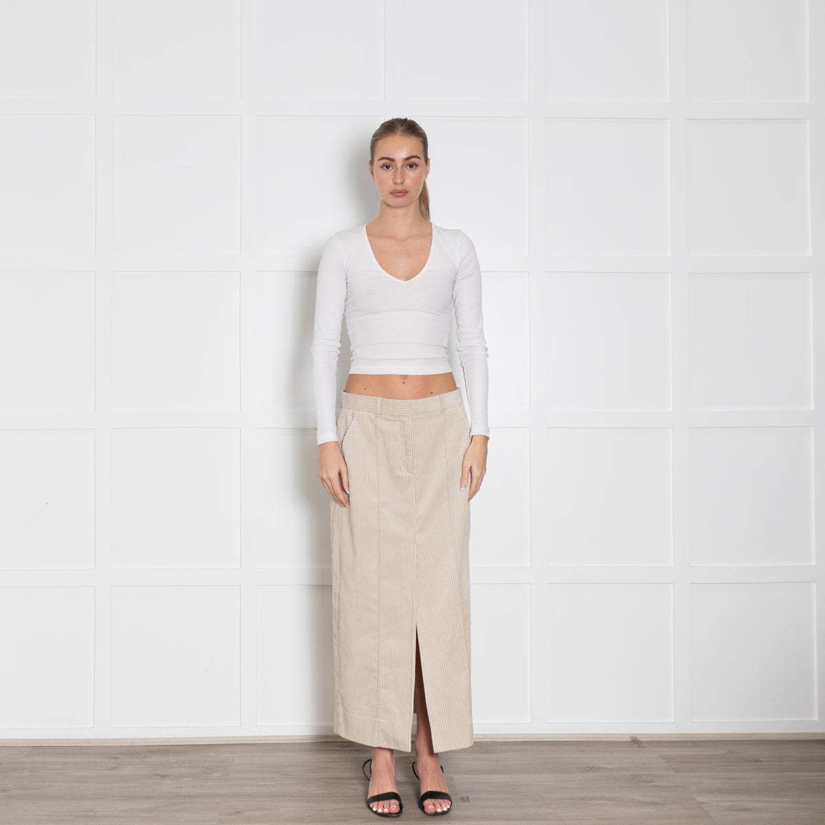 Me + Em Cream Corduroy Front Slit Long Skirt