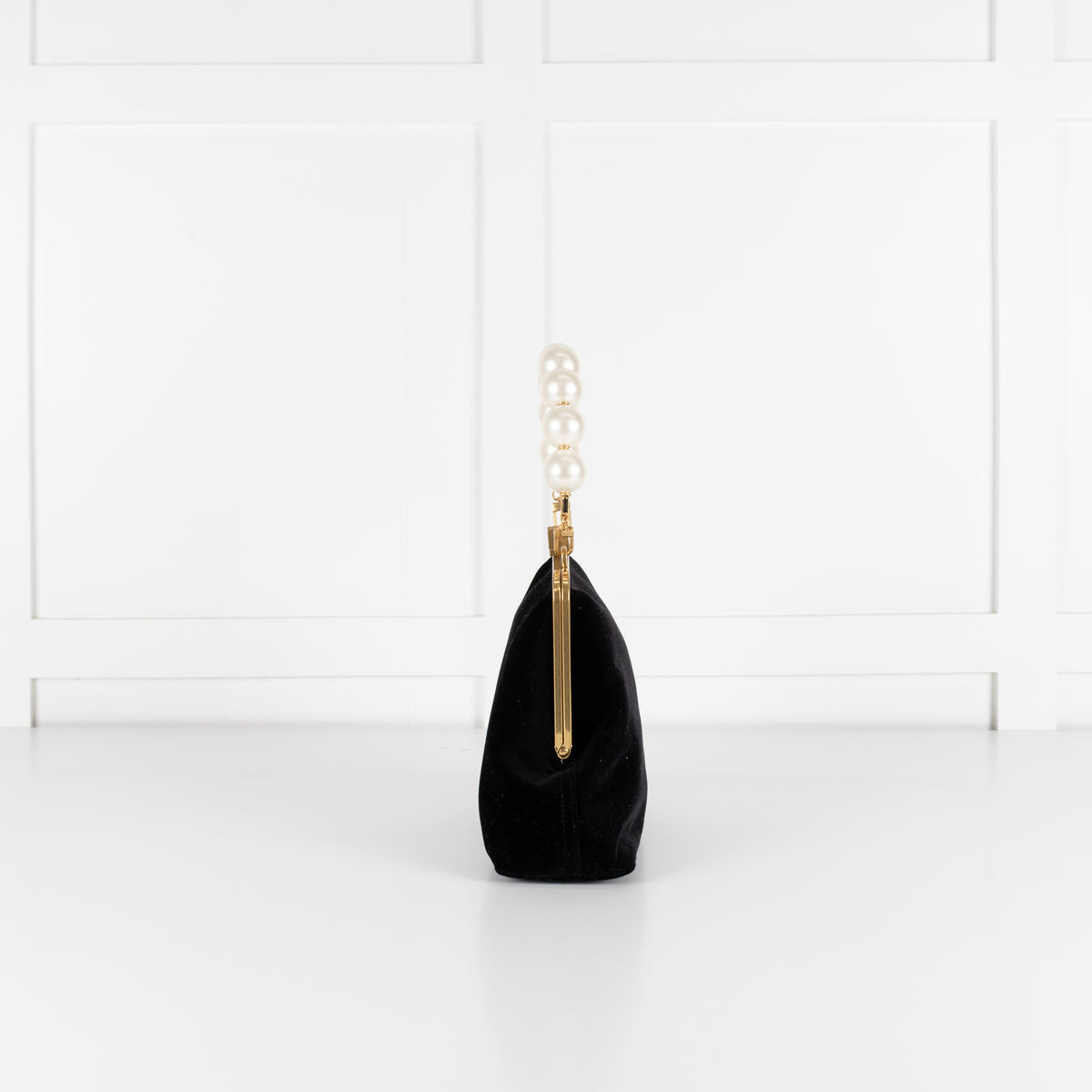 Me + Em Black Velvet Faux Pearl Top Handle Bag With Gold Clasp Closure