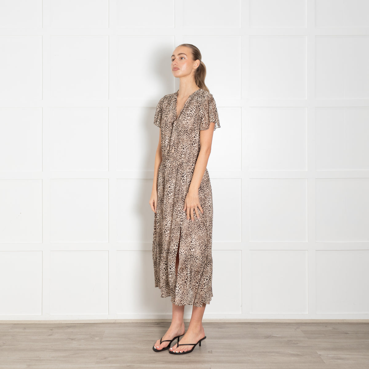 Paige Brown Animal Print Tiered Hem Short Sleeve Dress