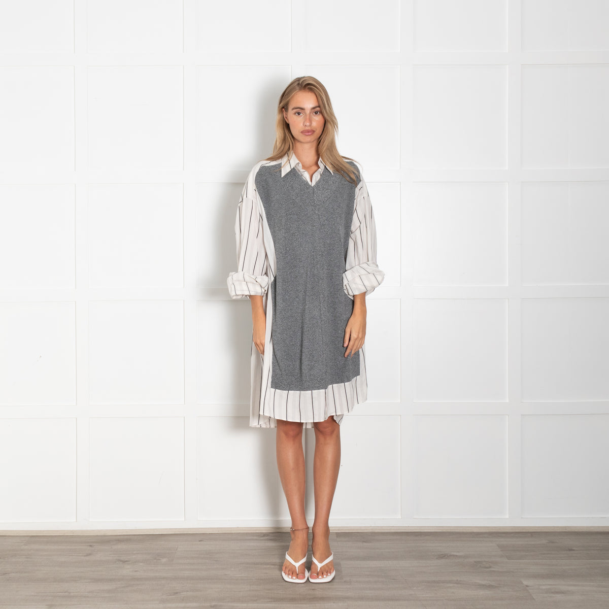 Maison Margiela Grey Knit Cream Black Stripe Cotton Oversized Long Shirt
