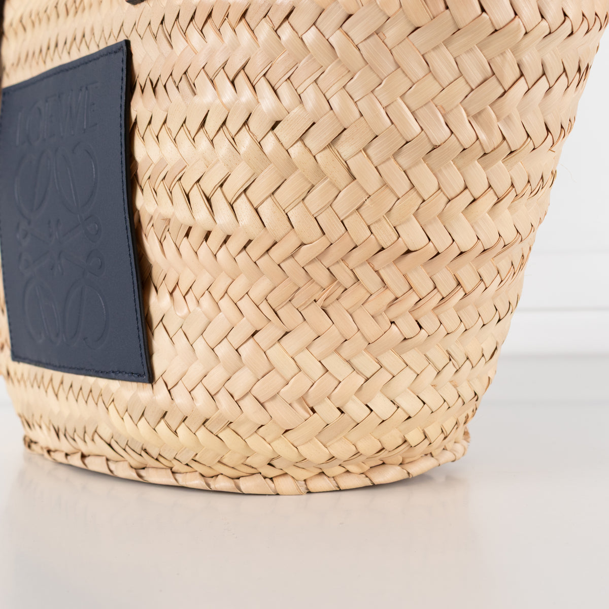 Loewe Tan Raffia Basket Bag With Navy Anagram Logo