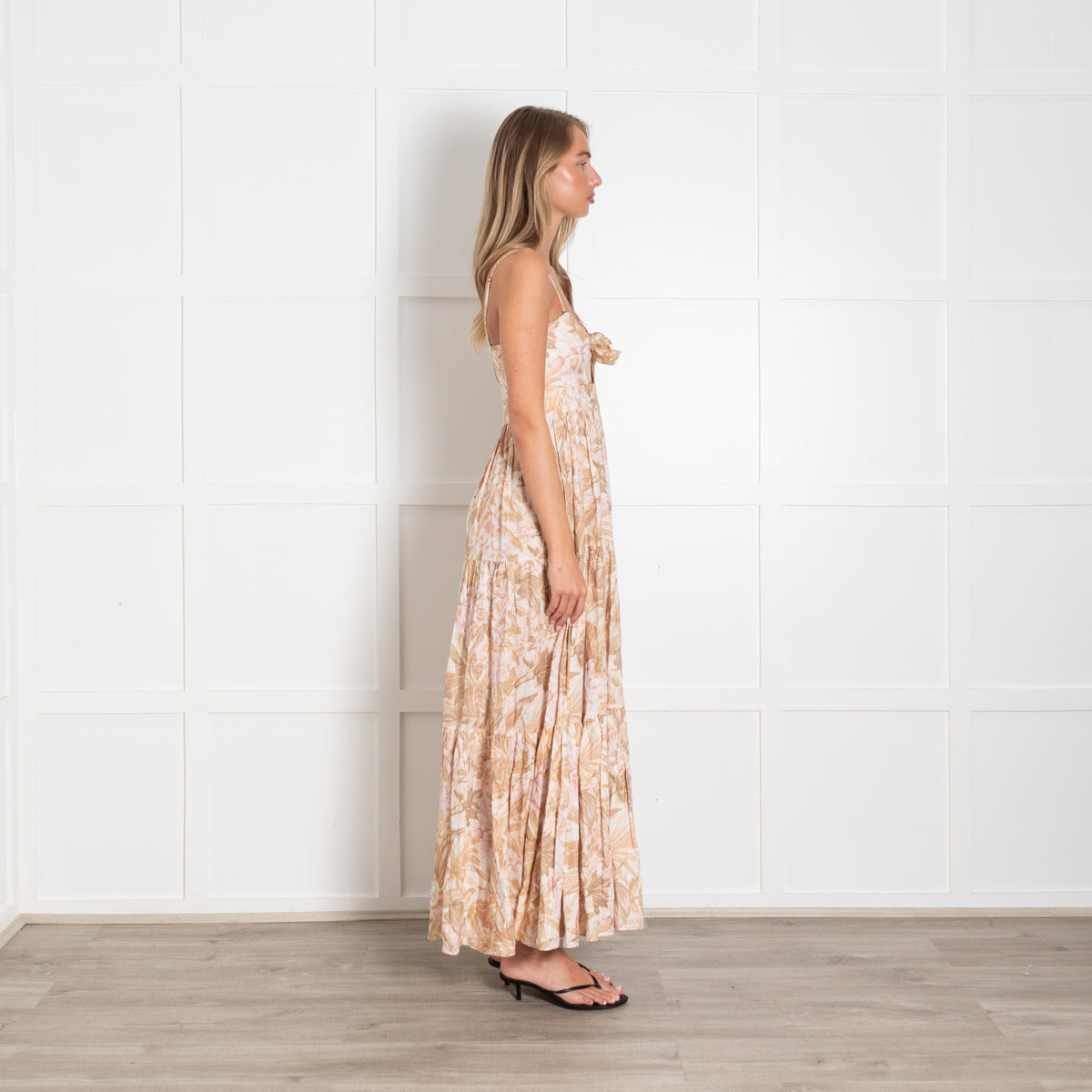 Zimmermann Cream Peach Brown Floral Strappy Linen Maxi Dress