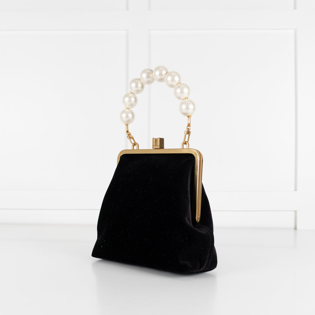 Me + Em Black Velvet Faux Pearl Top Handle Bag With Gold Clasp Closure