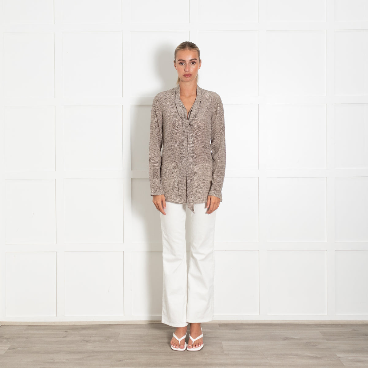 Akris Cream Brown Print Neck Tie Blouse