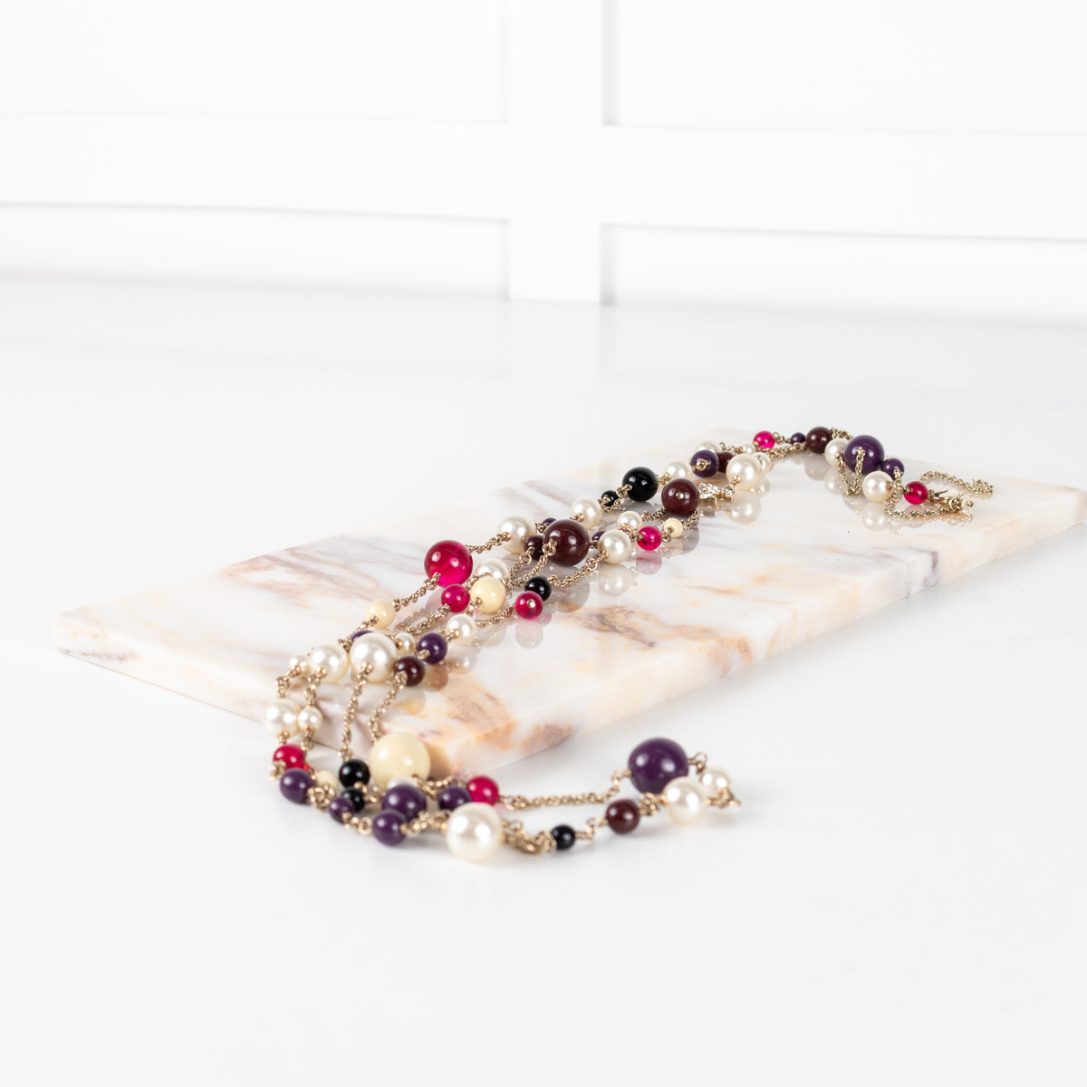 Chanel Red Cream bead Diamante CC Double Strand Long Necklace