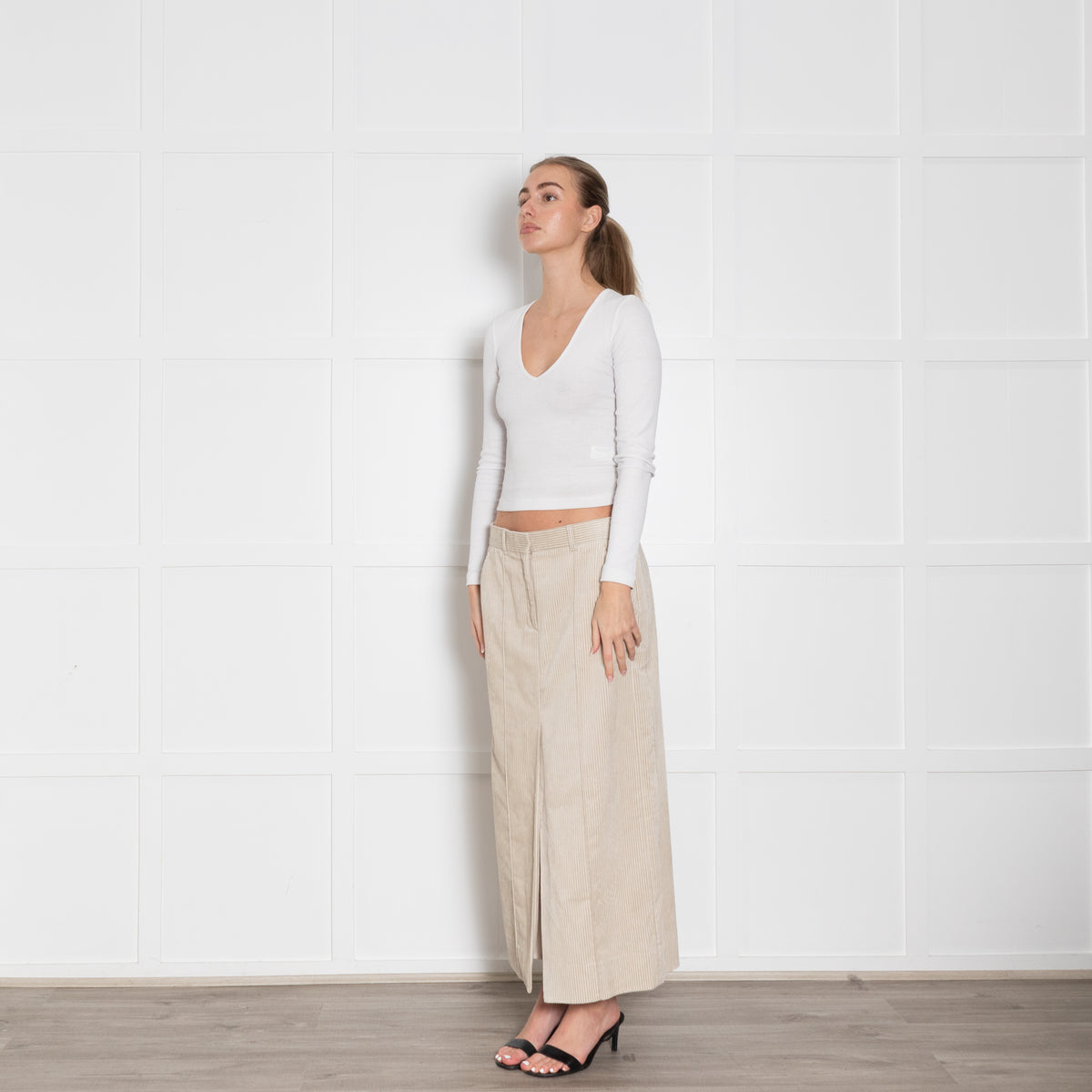 Me + Em Cream Corduroy Front Slit Long Skirt