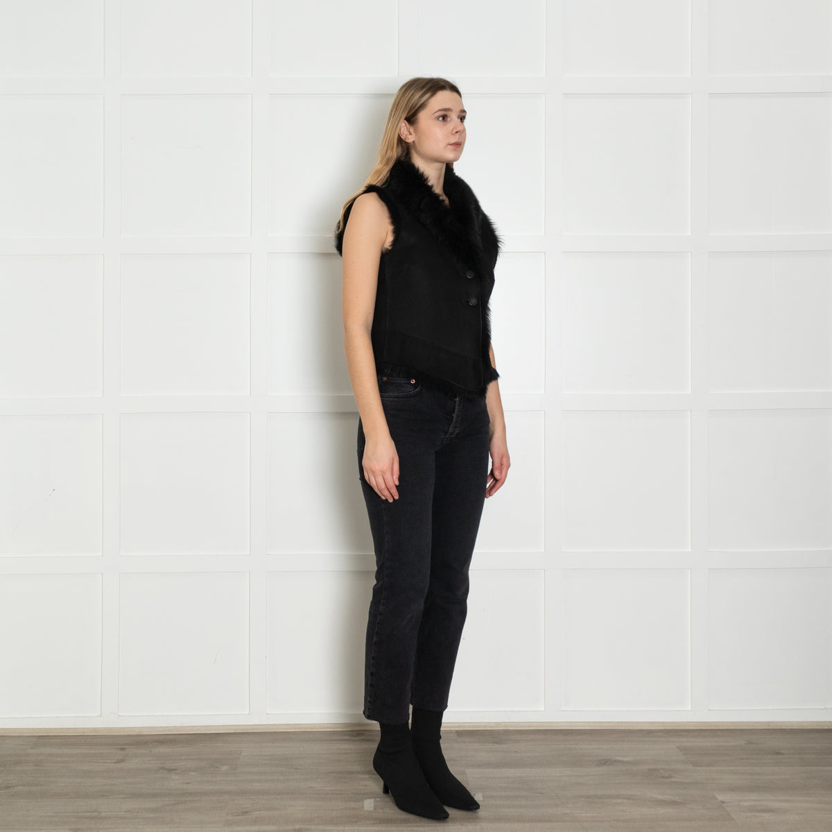 Joseph Black Fur Lining Lambskin Leather Gilet