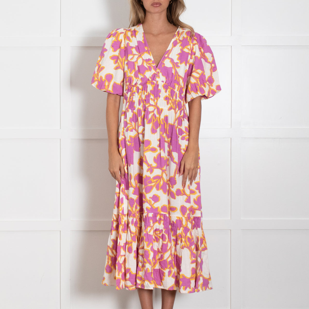 Me + Em Purple And Yellow Patterned V Neck Mid Dress