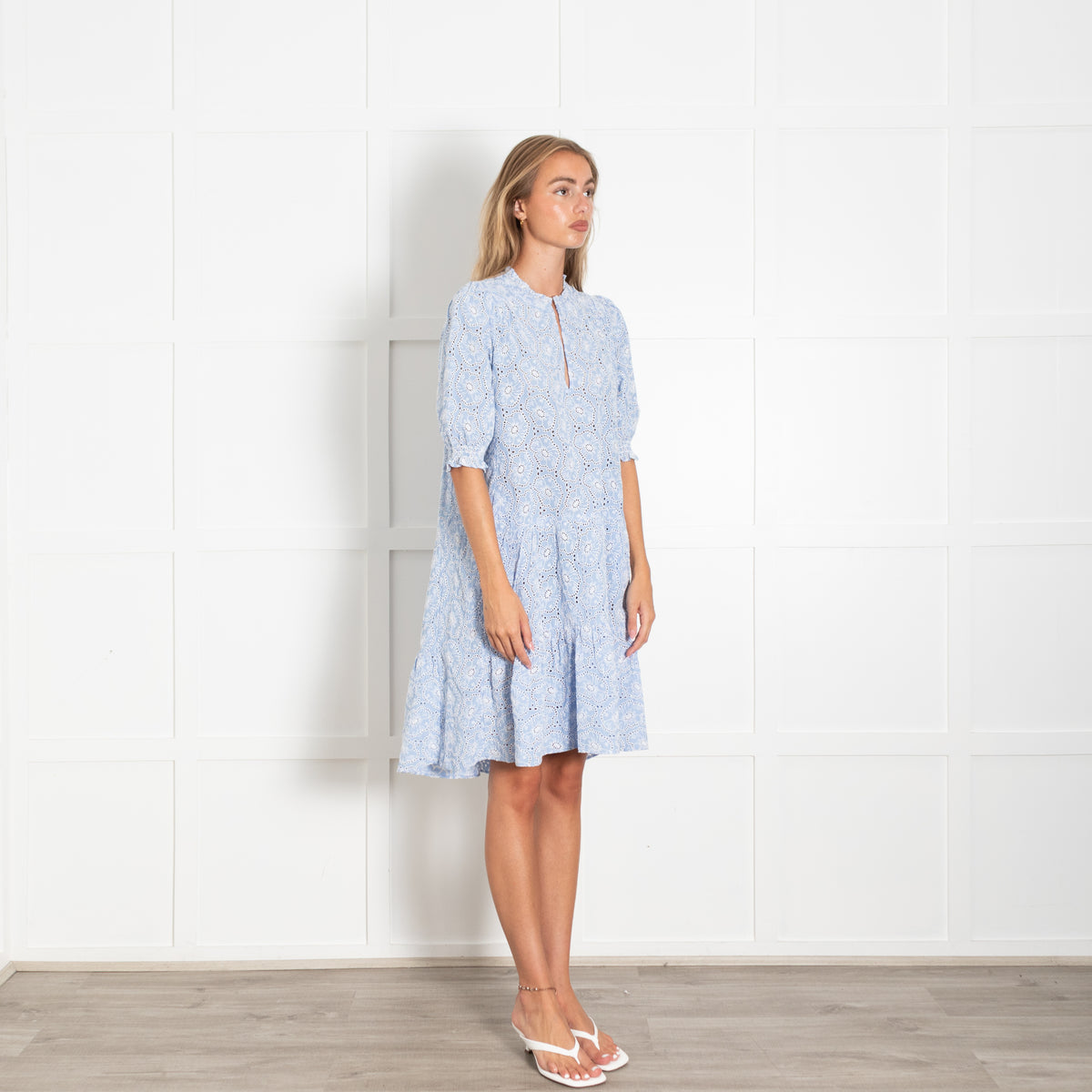 Me + Em Blue And White Broderie Anglaise Short  Swing Dress With Slip