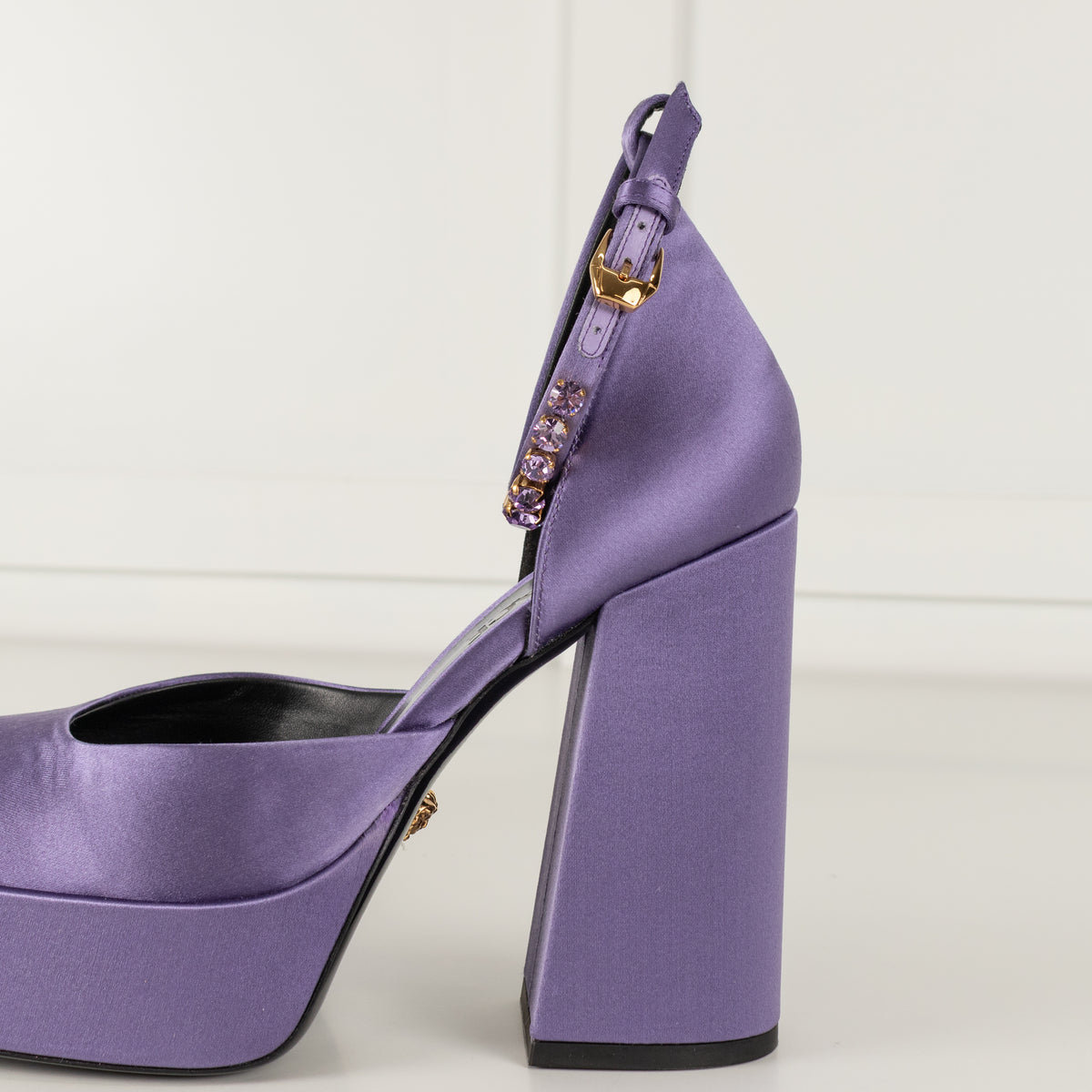 Versace Medusa Aevitas Purple Satin Platform Pumps With Diamente Ankle Strap