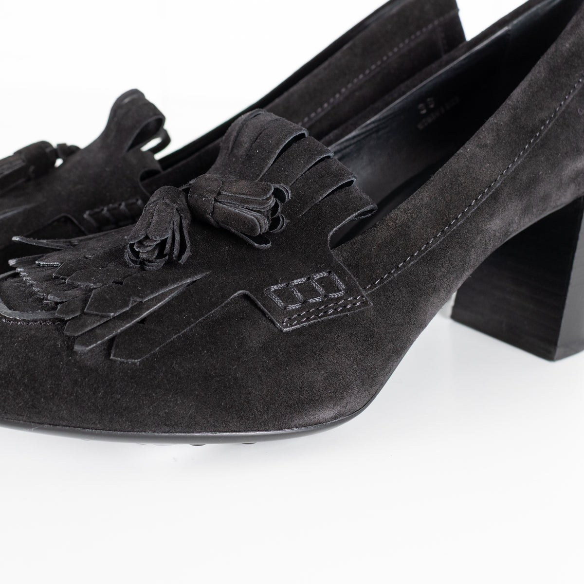 Tod's Black Suede Gomma Heeled Tasselled Loafer