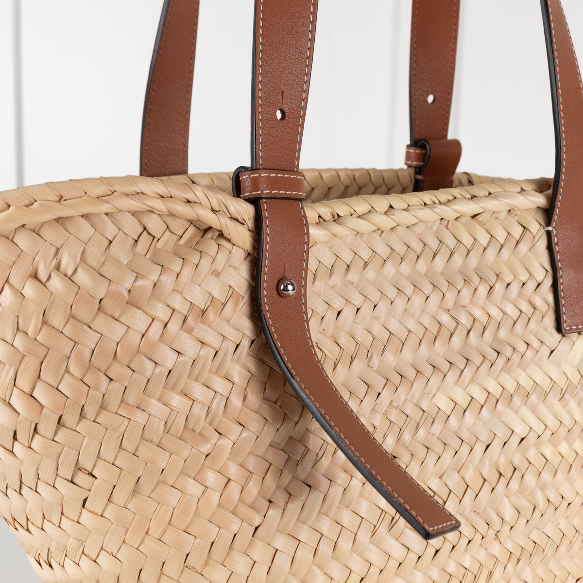 Loewe Tan Raffia Basket Bag With Navy Anagram Logo