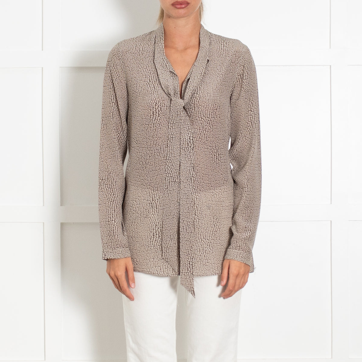 Akris Cream Brown Print Neck Tie Blouse