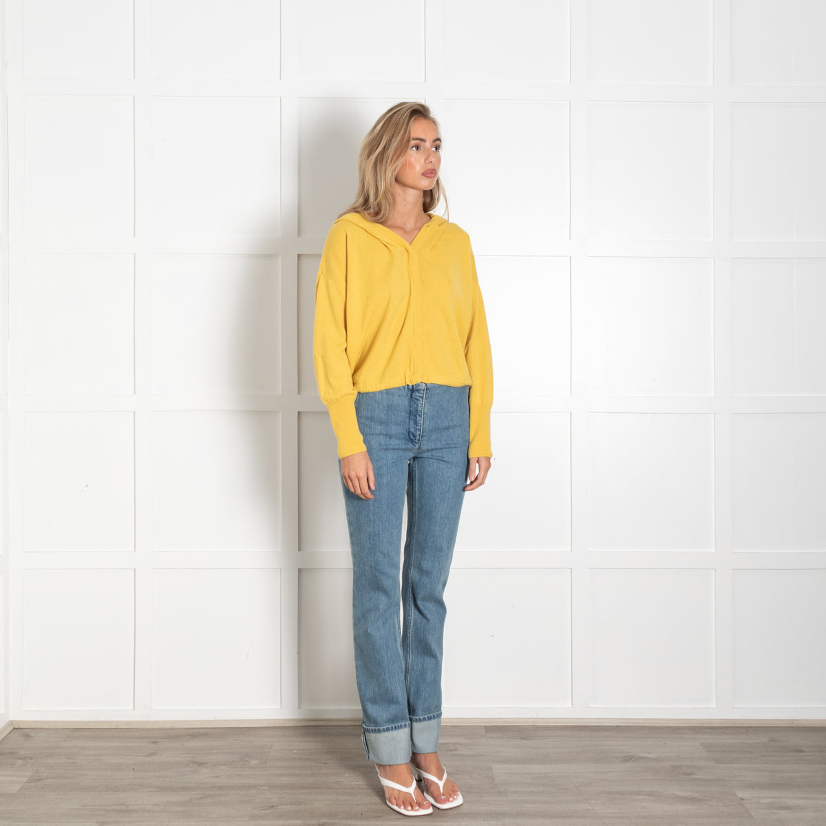 Me + Em Yellow Front Button Up Cashmere Hoodie