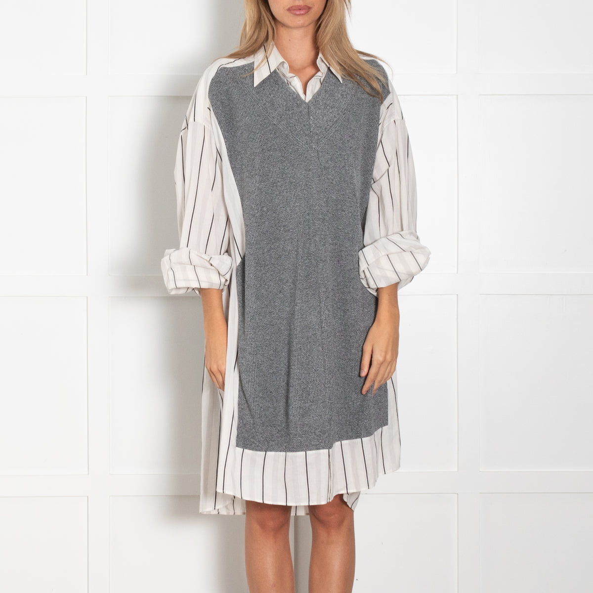 Maison Margiela Grey Knit Cream Black Stripe Cotton Oversized Long Shirt