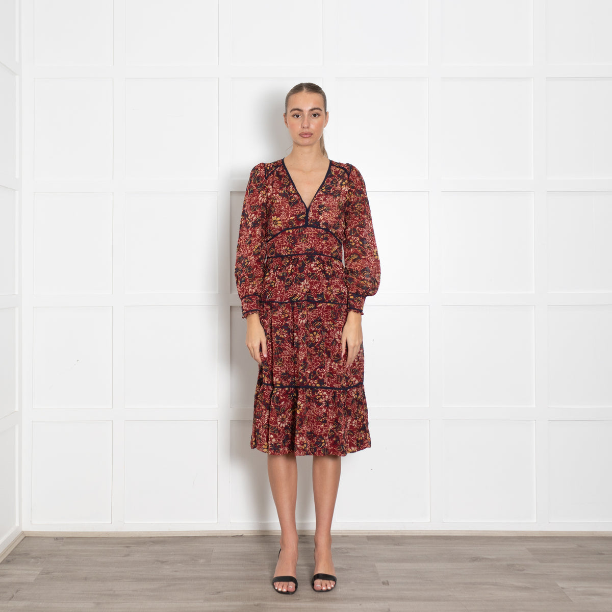 BA&SH  Red Yellow Blue Flower Print Midi Dress