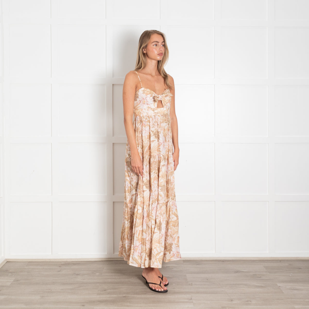 Zimmermann Cream Peach Brown Floral Strappy Linen Maxi Dress