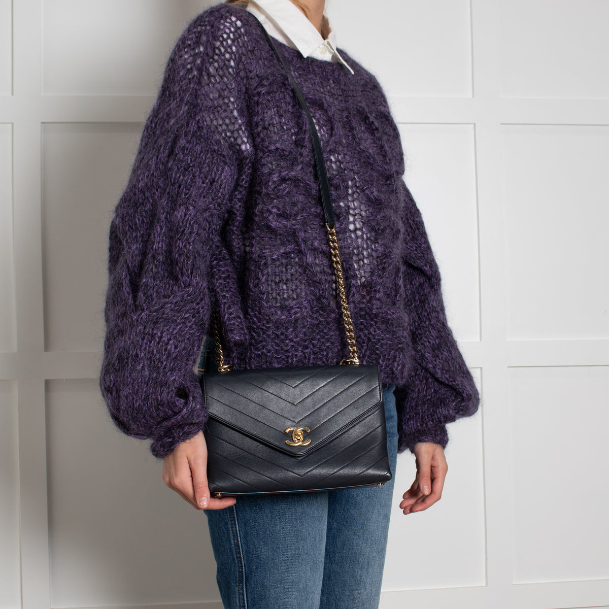 Chanel Navy Chevron Flap Crossbody Bag