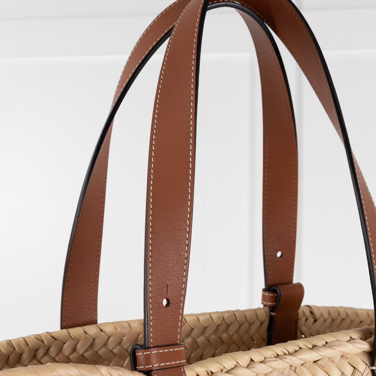 Loewe Tan Raffia Basket Bag With Navy Anagram Logo