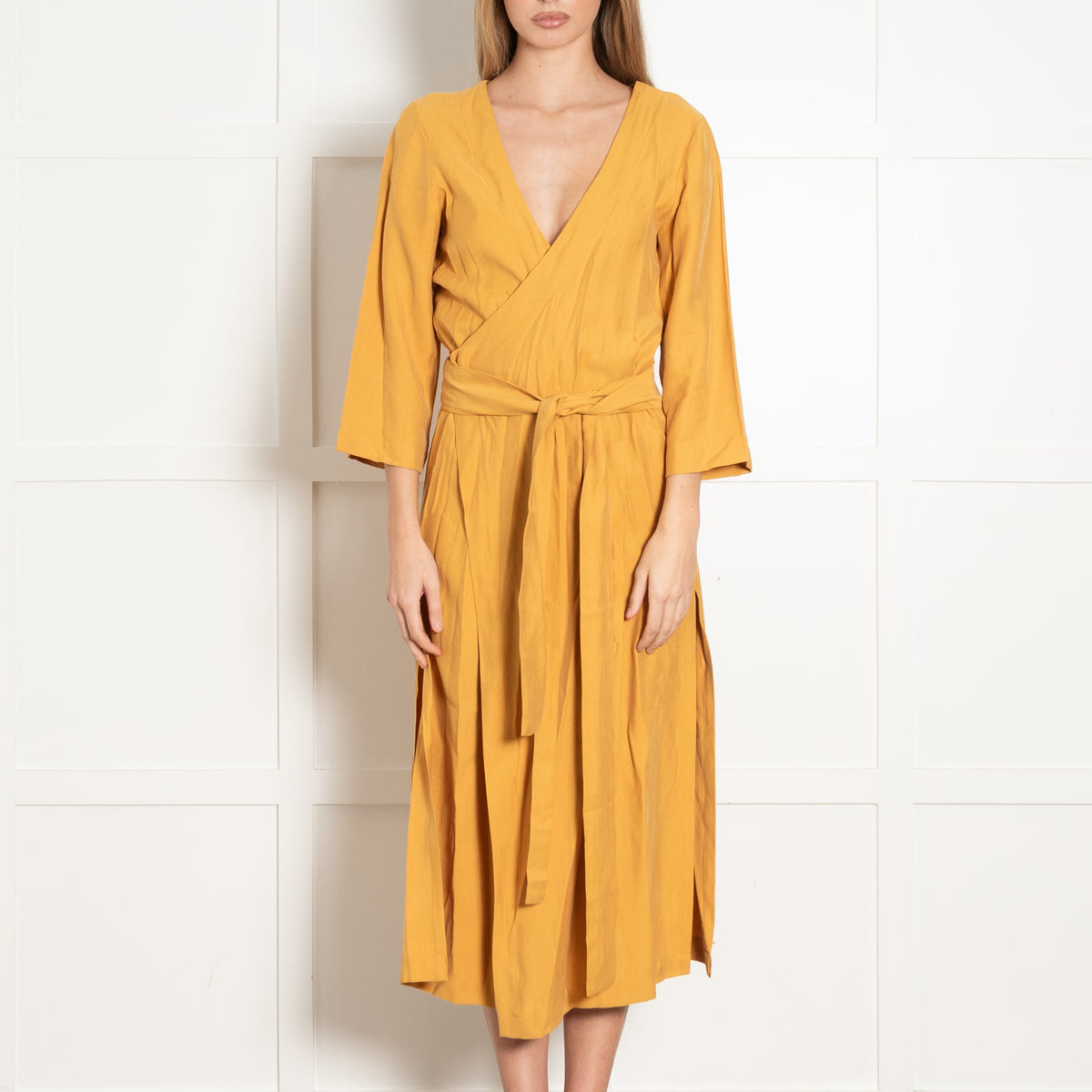 Haight Mustard  Yellow Wrap Dress with 3/4 Sleeves