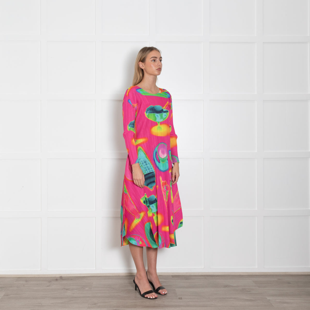 Pleats Please Pink Multi Colour Thermal Foods Print Dress