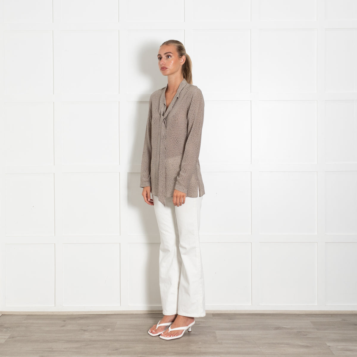 Akris Cream Brown Print Neck Tie Blouse