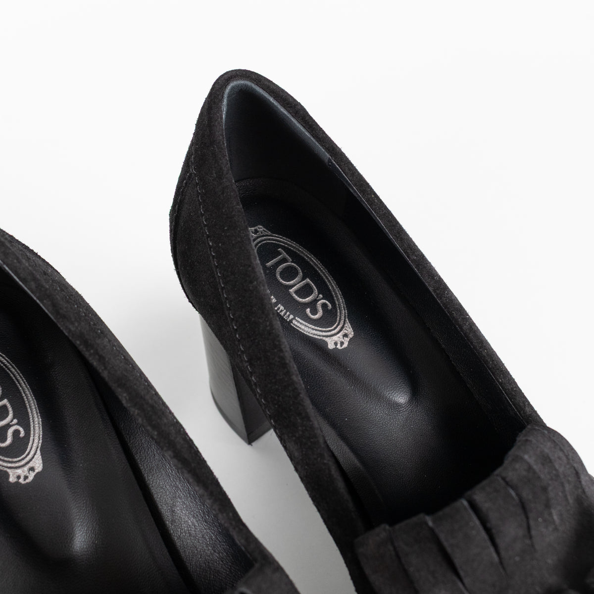 Tod's Black Suede Gomma Heeled Tasselled Loafer