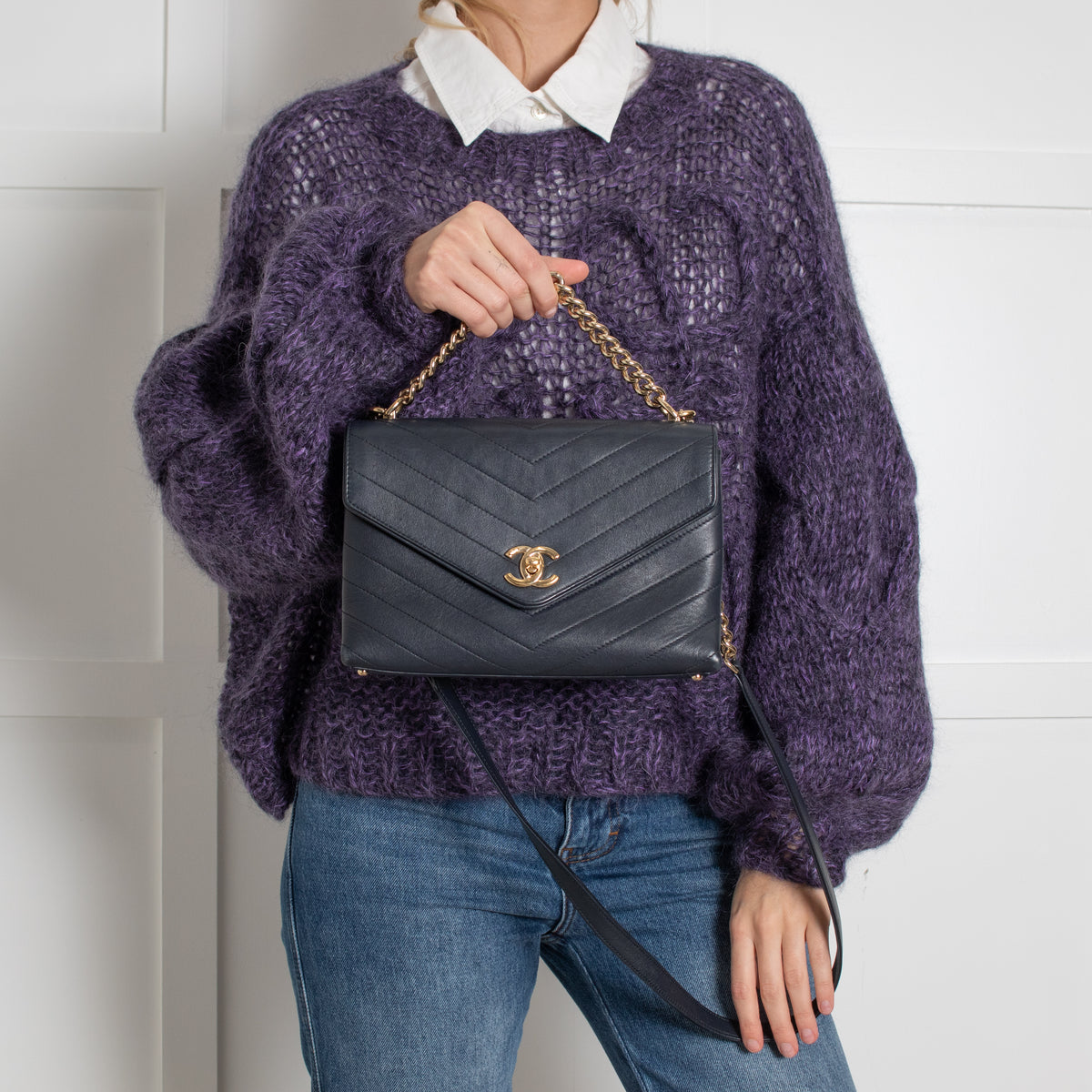 Chanel Navy Chevron Flap Crossbody Bag