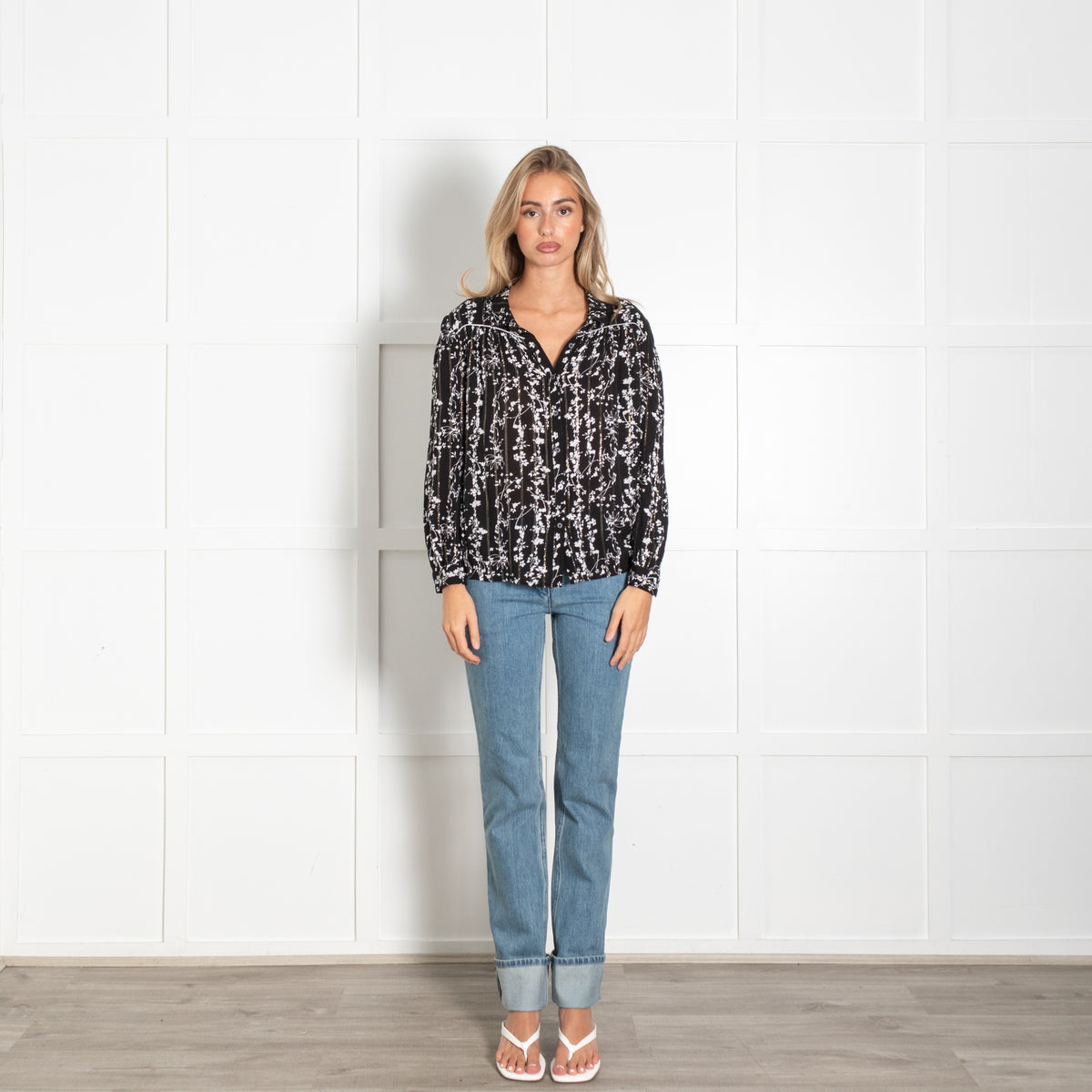 Ba&sh Black White Floral Silver Thread Top
