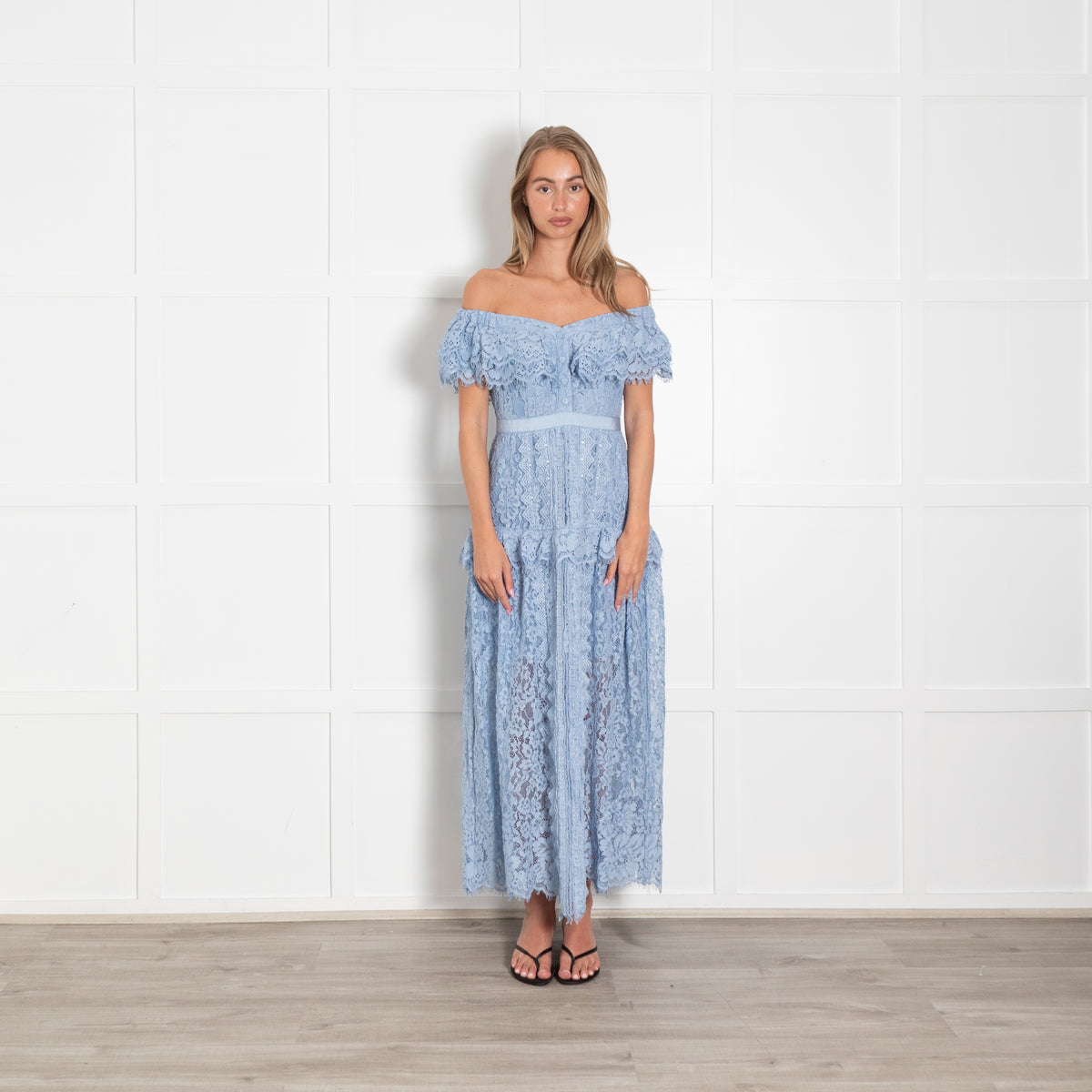 Self-Portrait Blue Lace Shoulder Maxi Dress