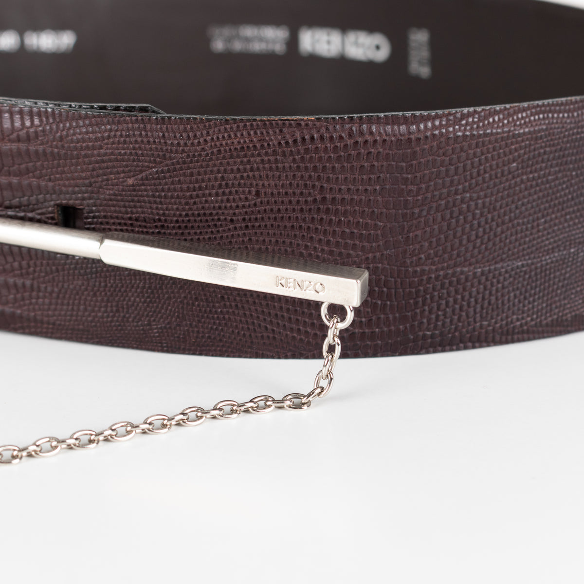 Kenzo Brown Embossed Leather Metal Needle Detail Wide Belt