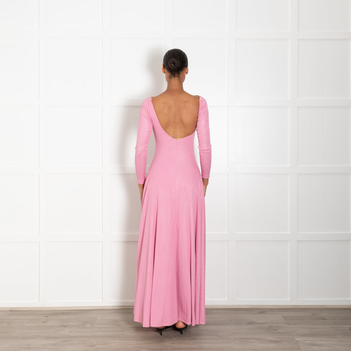 Gul Hurgel Pink Sparkly Maxi, Front Splits,  L/Sleeve Knot Front Dress
