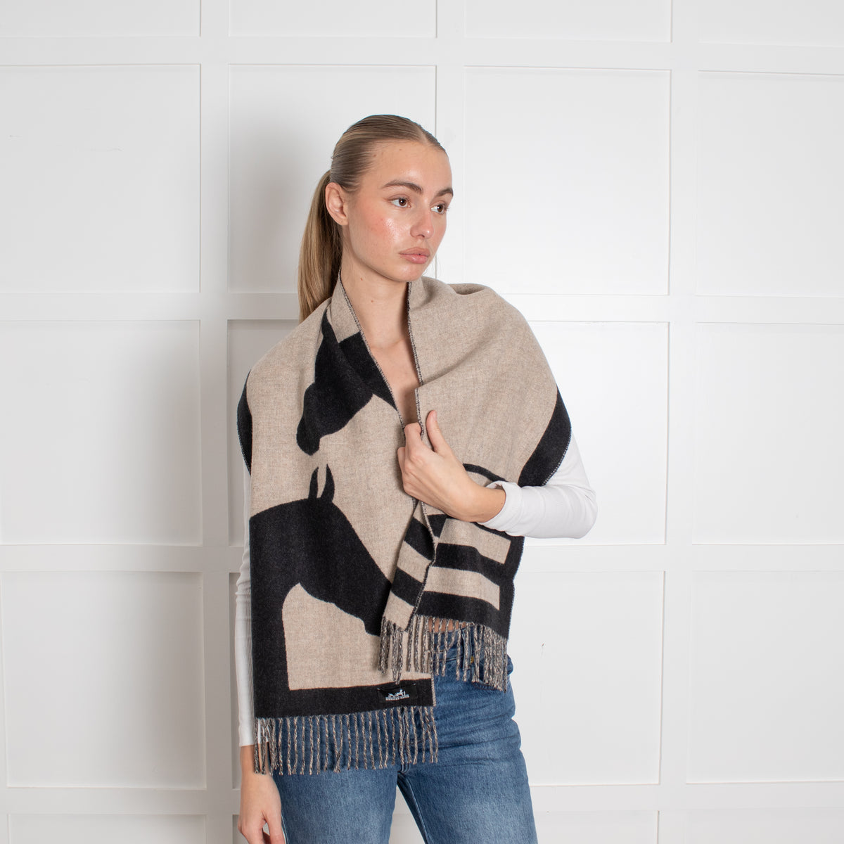 Hermes Beige Black Casaque Love Story Scarf