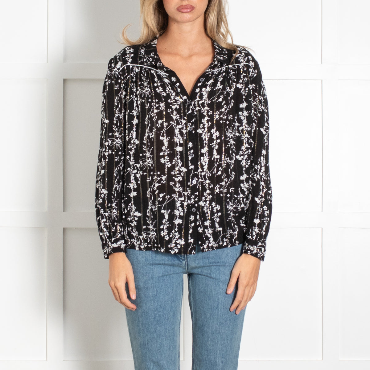 Ba&sh Black White Floral Silver Thread Top