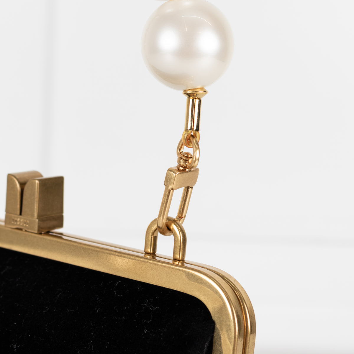 Me + Em Black Velvet Faux Pearl Top Handle Bag With Gold Clasp Closure