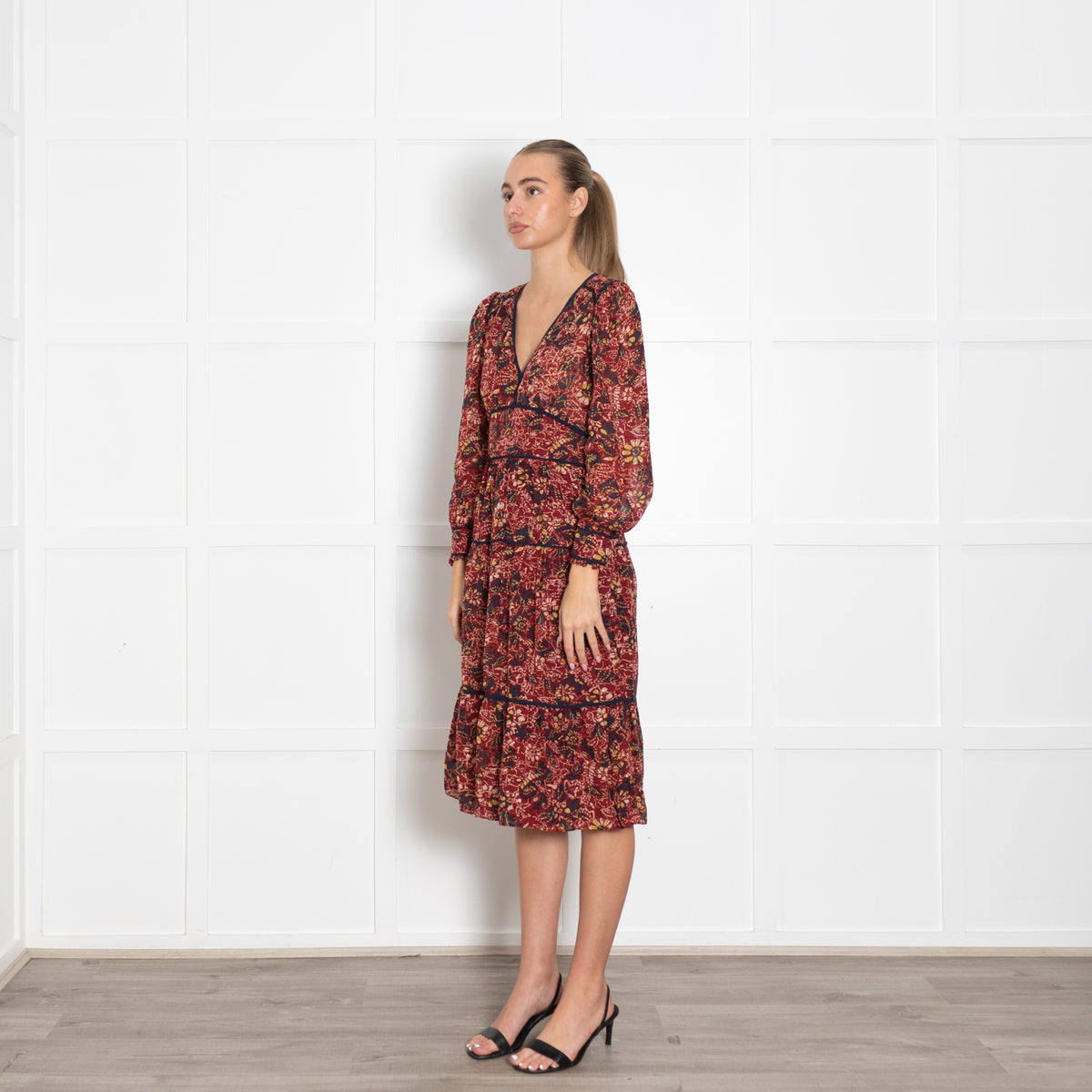 BA&SH  Red Yellow Blue Flower Print Midi Dress