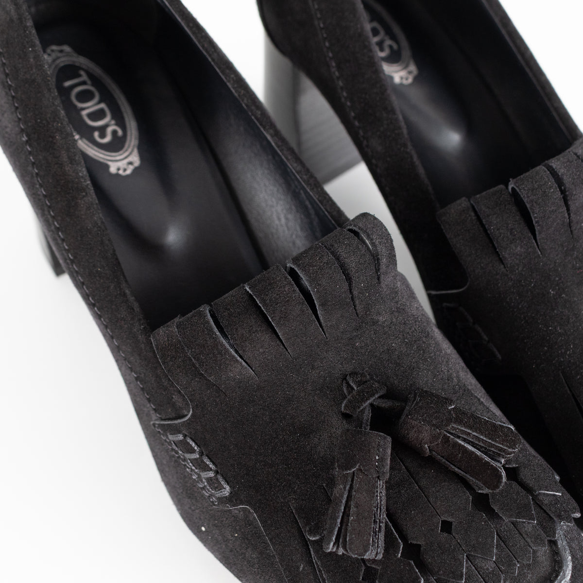 Tod's Black Suede Gomma Heeled Tasselled Loafer