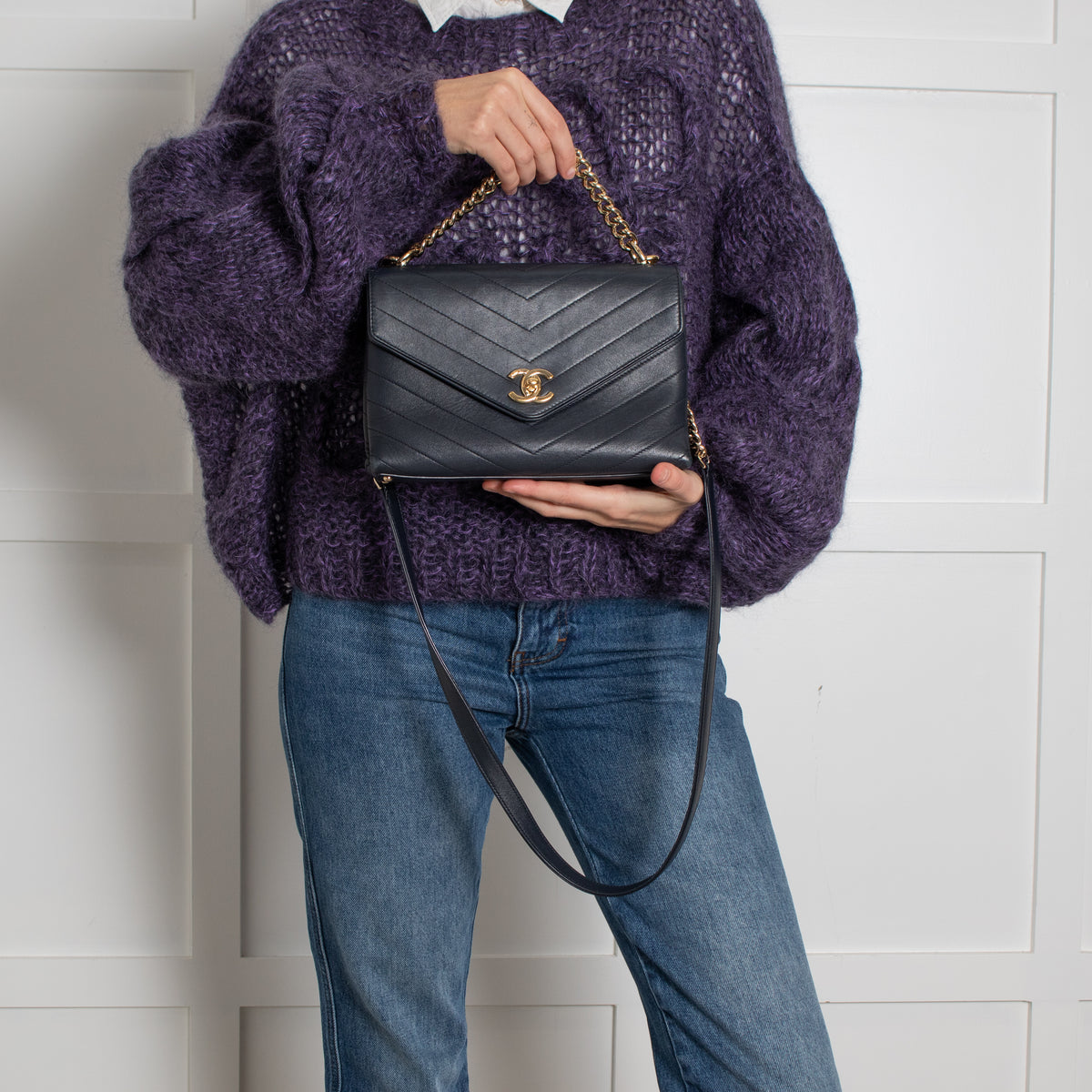 Chanel Navy Chevron Flap Crossbody Bag