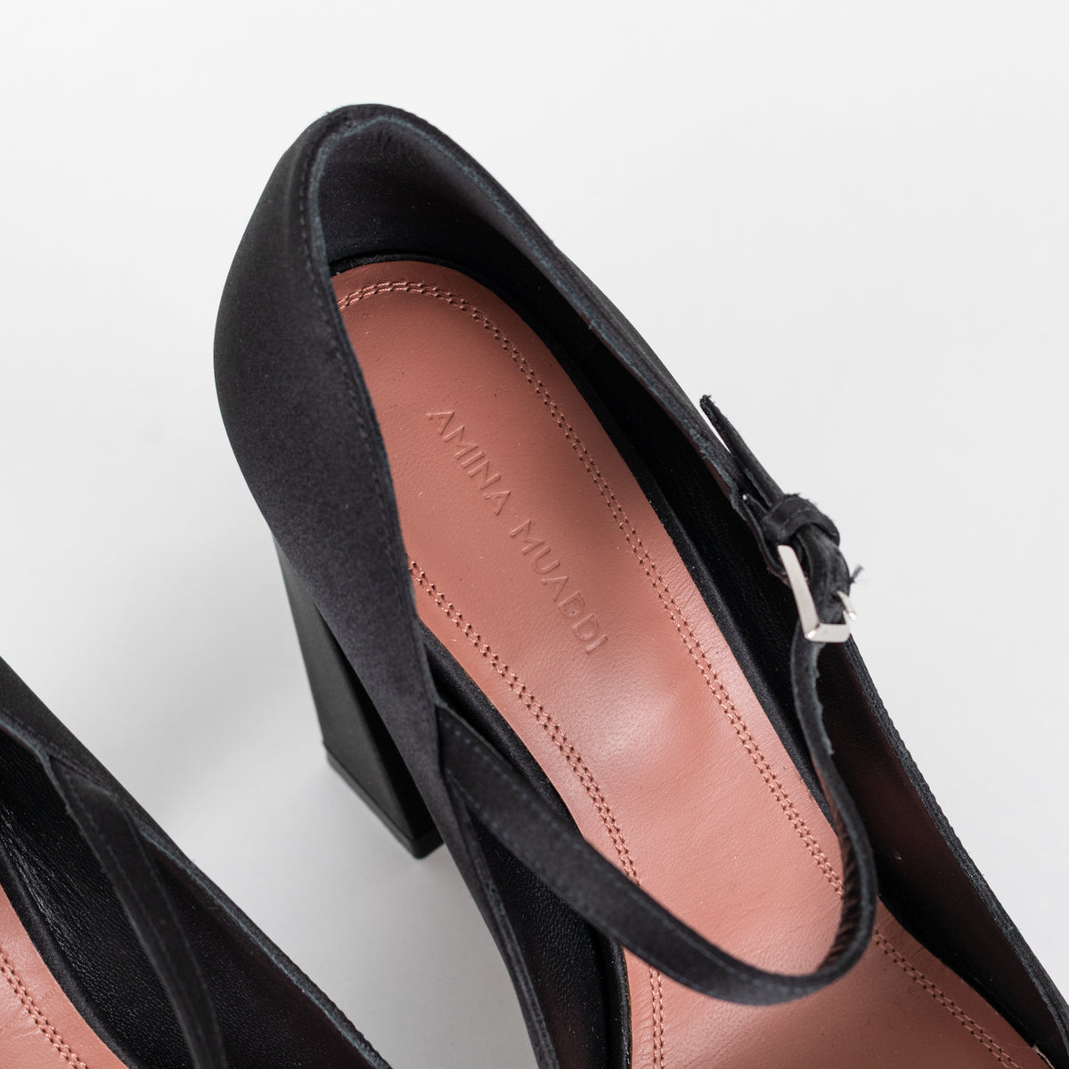 Amina Muaddi Black Satin Block Heel Shoes