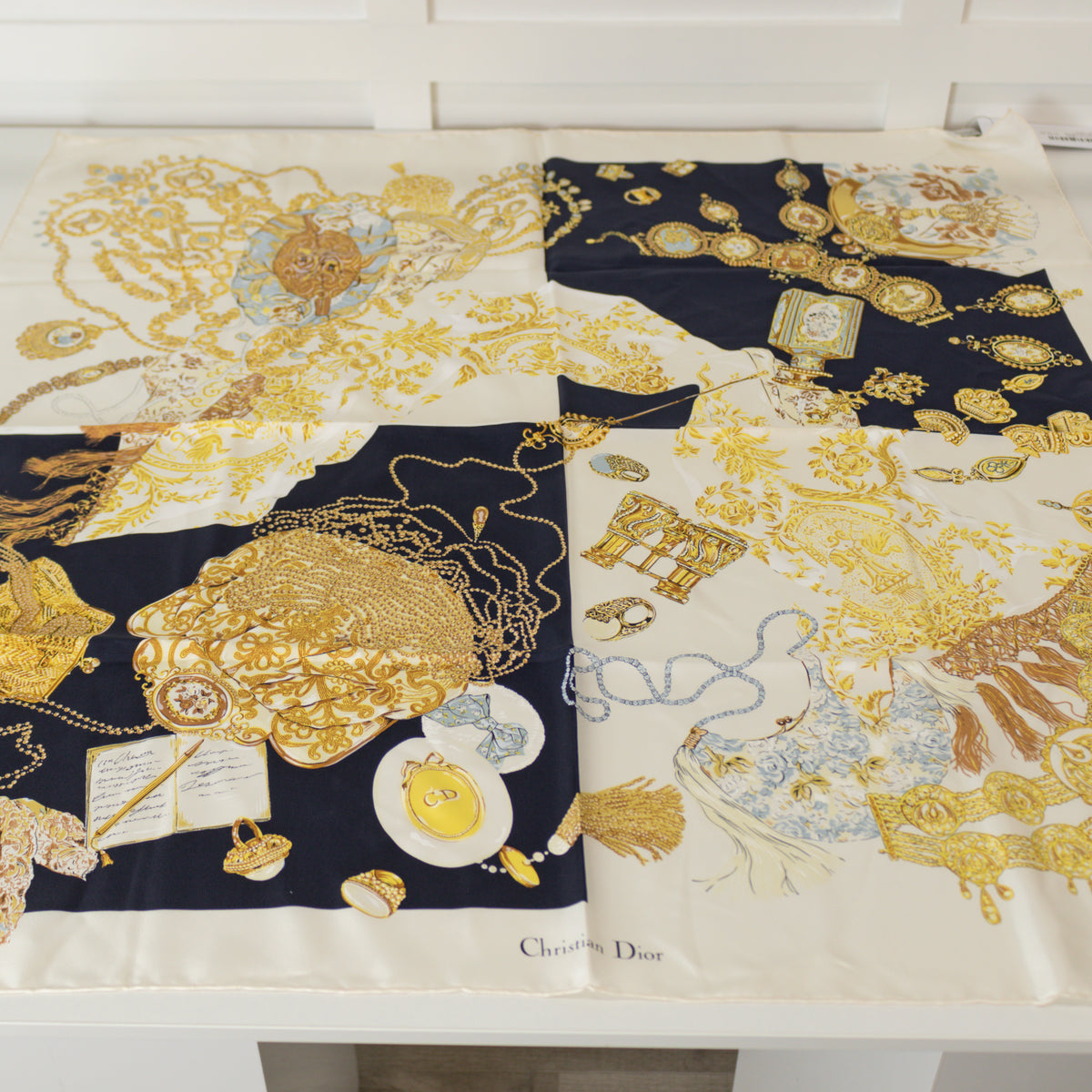 Christian Dior Black, Cream And Gold Silk Scarf