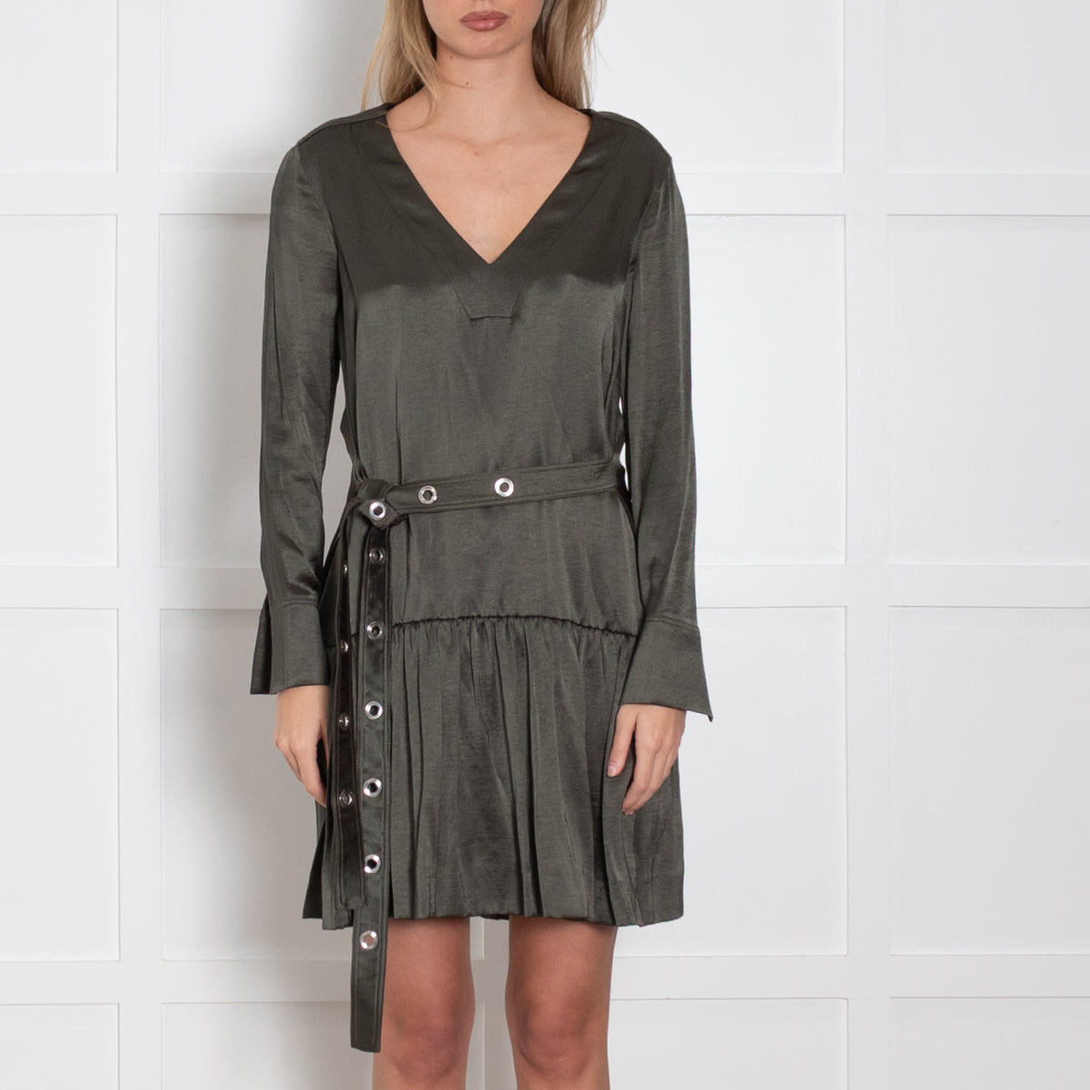 Sandro Khaki Satin Belted Mini Dress