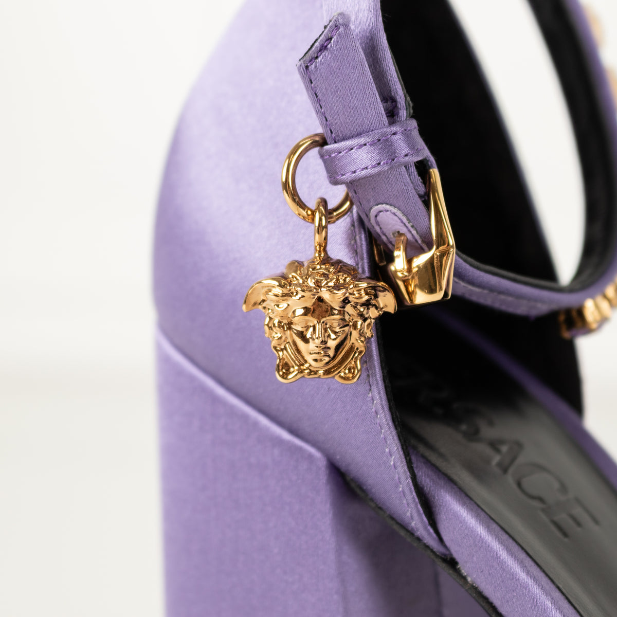 Versace Medusa Aevitas Purple Satin Platform Pumps With Diamente Ankle Strap