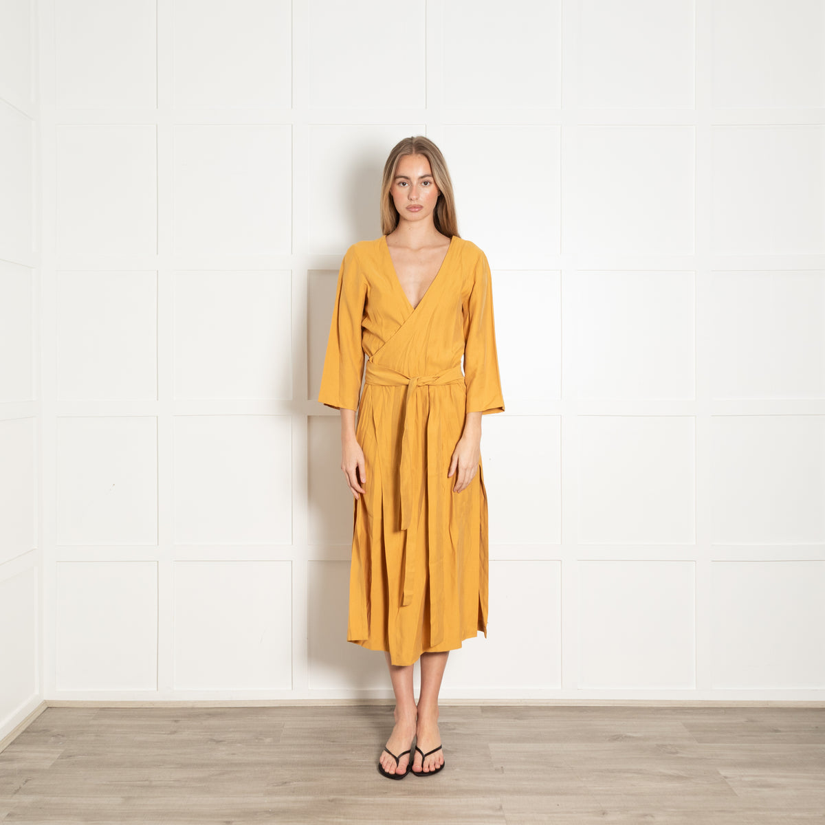 Haight Mustard  Yellow Wrap Dress with 3/4 Sleeves