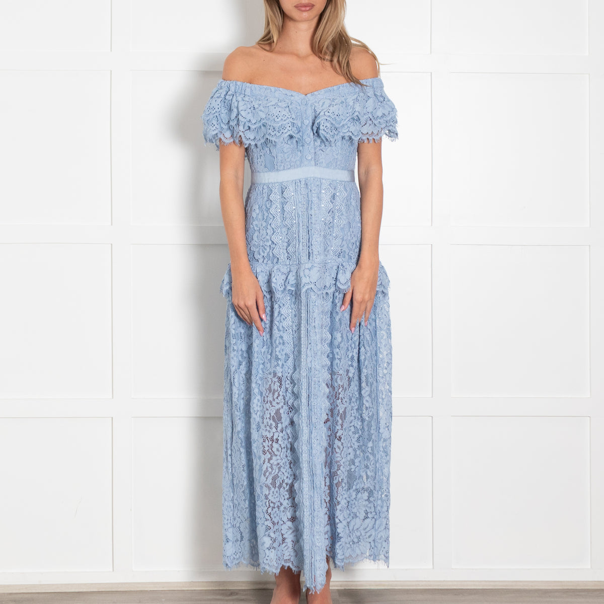 Self-Portrait Blue Lace Shoulder Maxi Dress