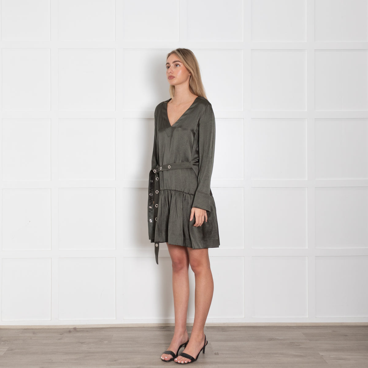 Sandro Khaki Satin Belted Mini Dress