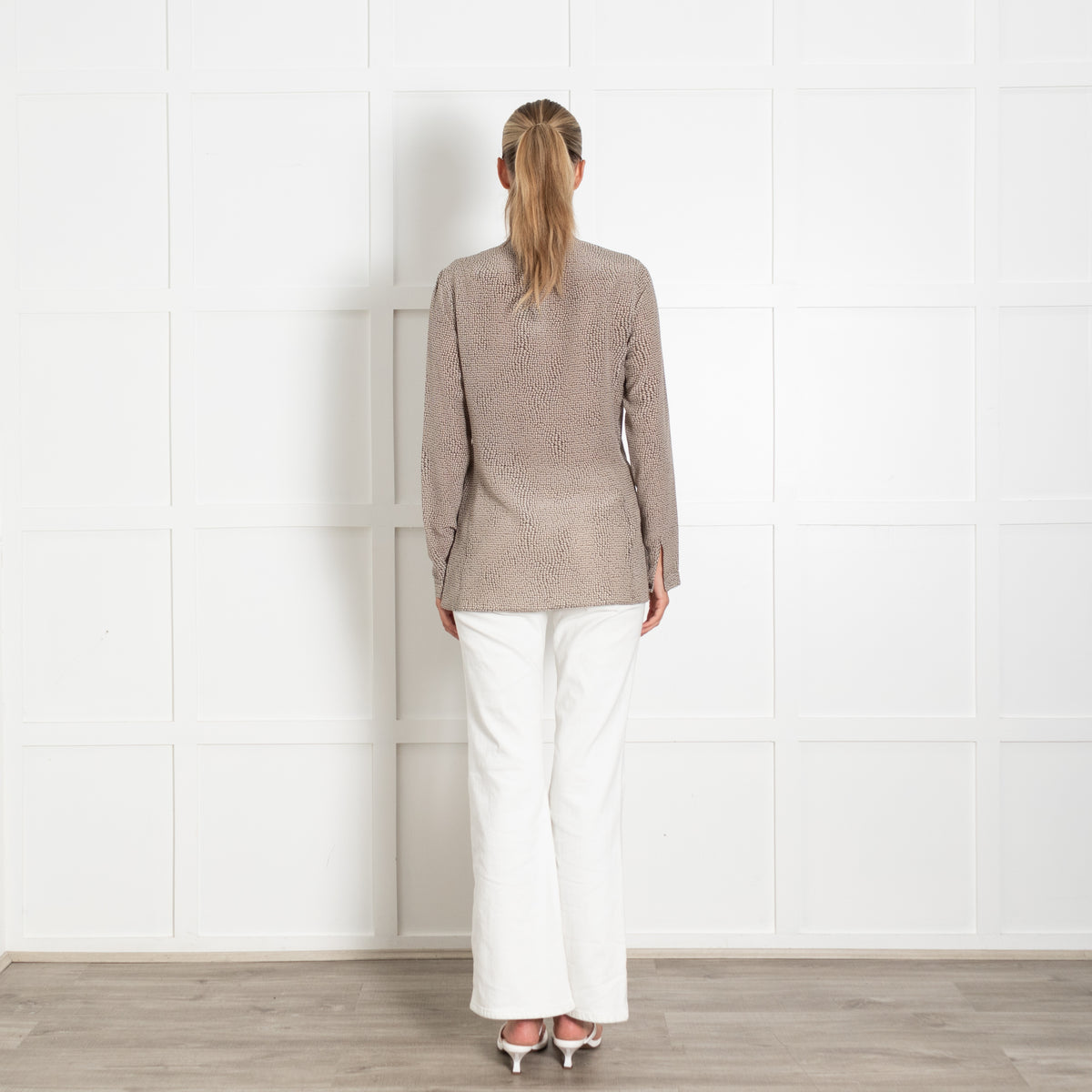 Akris Cream Brown Print Neck Tie Blouse